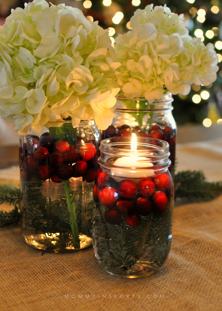 Mason Jars are perfect to use for a holiday centerpiece! Fill them with flowers, cranberries, evergreen clippings, or even pine cones for a beautiful DIY Holiday Centerpiece!