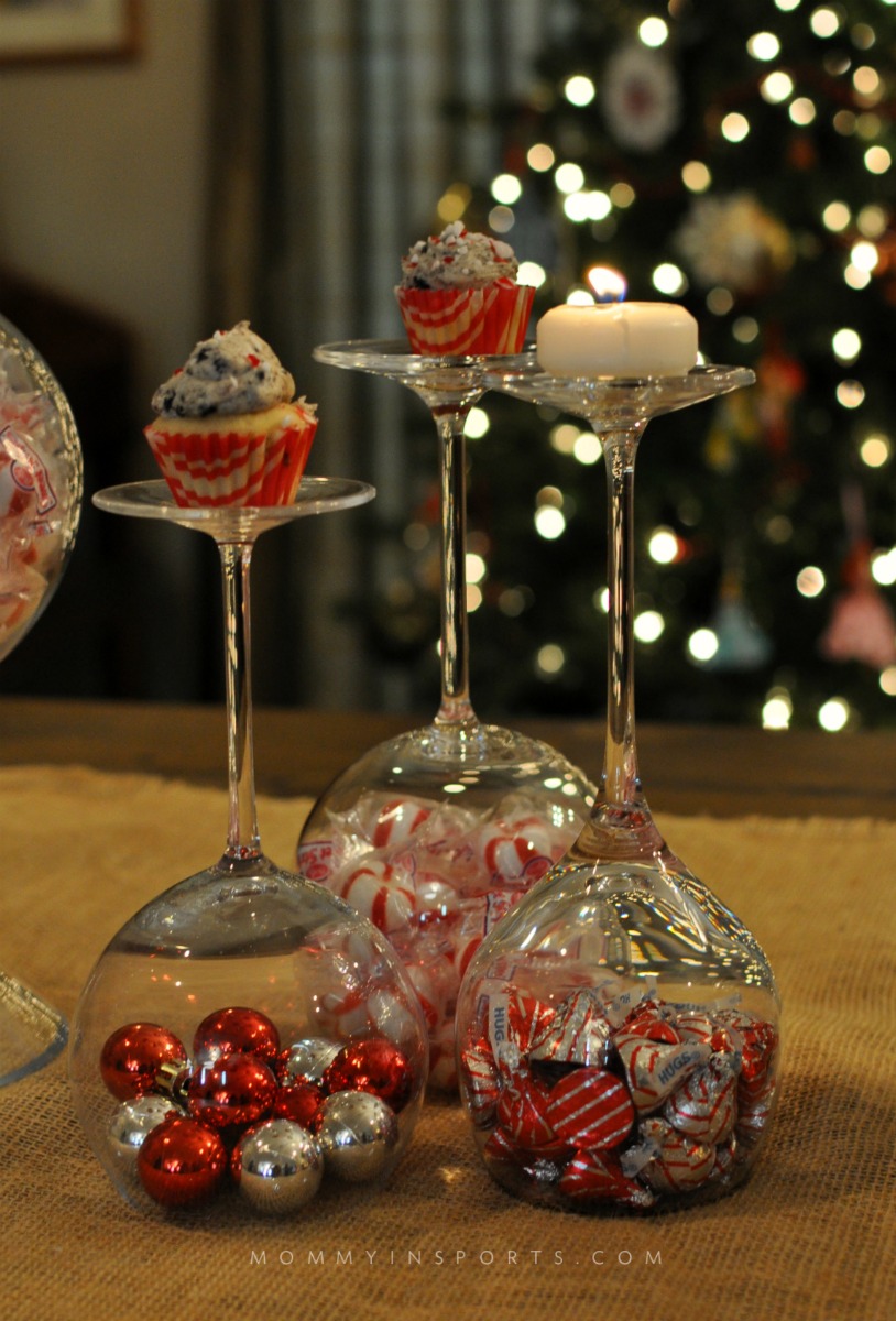 Don't buy new Christmas decorations! Use your wine glasses as an elegant and simple DIY holiday centerpiece!